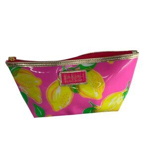 Lilly Pulitzer Estée Lauder Lemon Print Pink Cosmetic Bag Gold Trim & Zipper